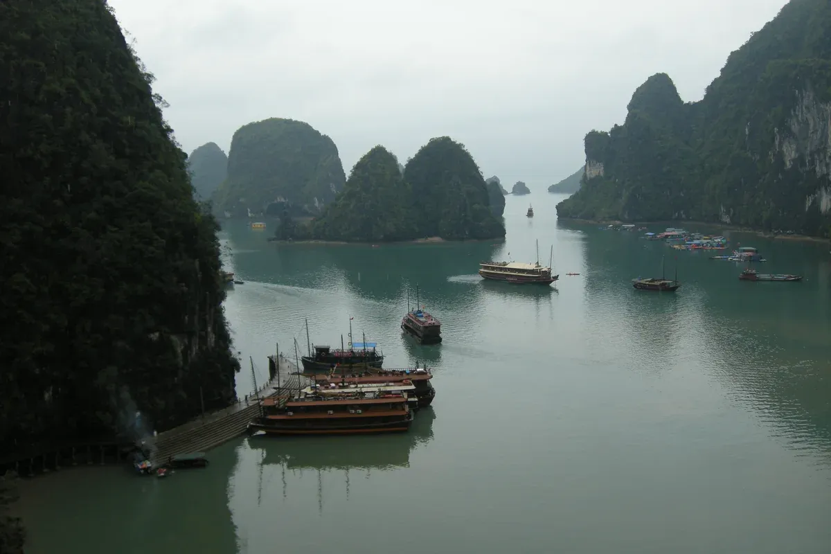 Junk boats moored below karsts, seen from above on a Ha Long Bay junk boat cruise