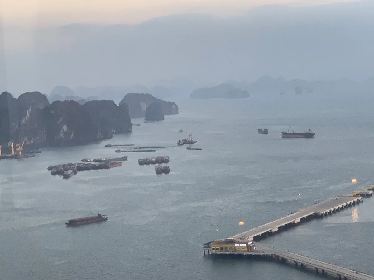 View of Ha Long Bay and a pier from the Queen Cable Car, Halong Bay cruise area