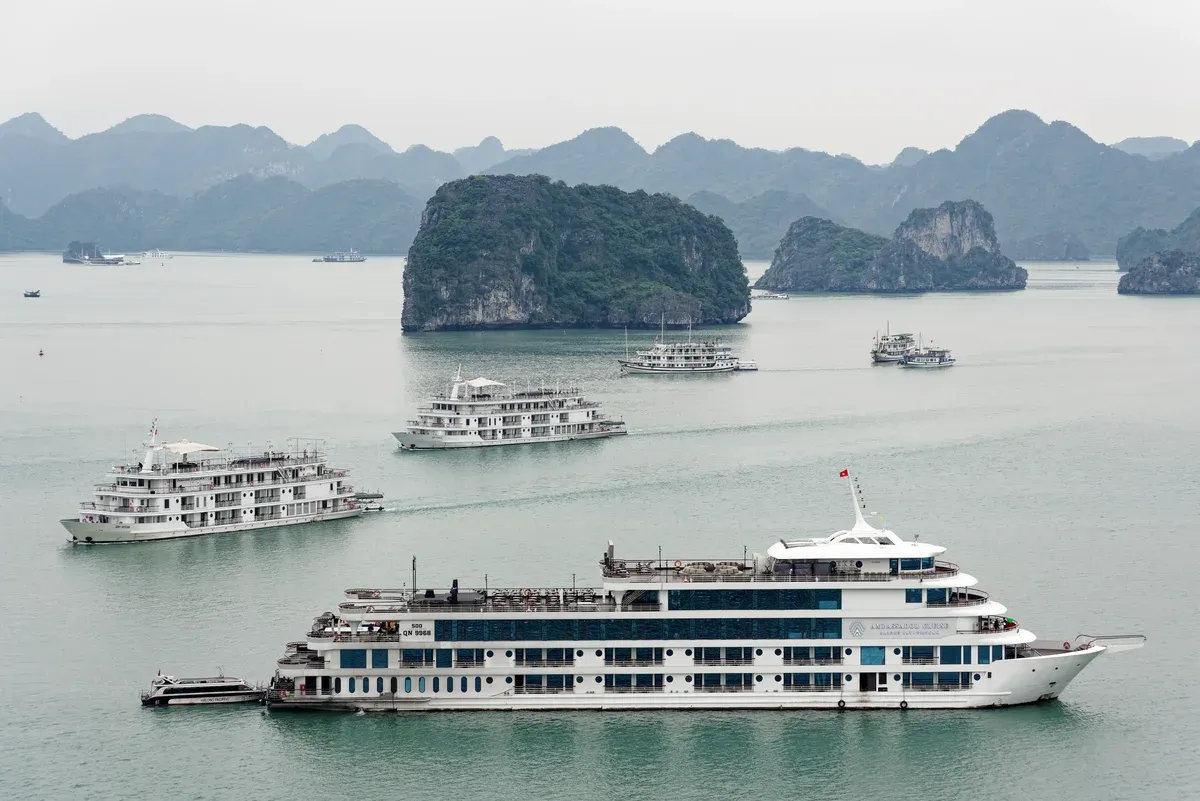 Day cruise boats anchored below Ti Top Island on a Ha Long Bay junk boat cruise