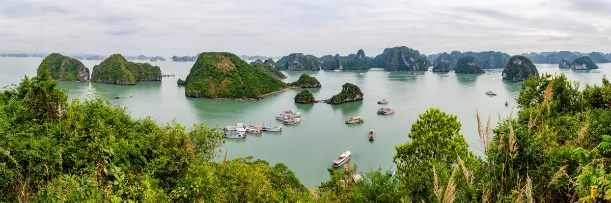 View over the karst islands of Ha Long Bay from Ti Top Island on a Halong Bay cruise
